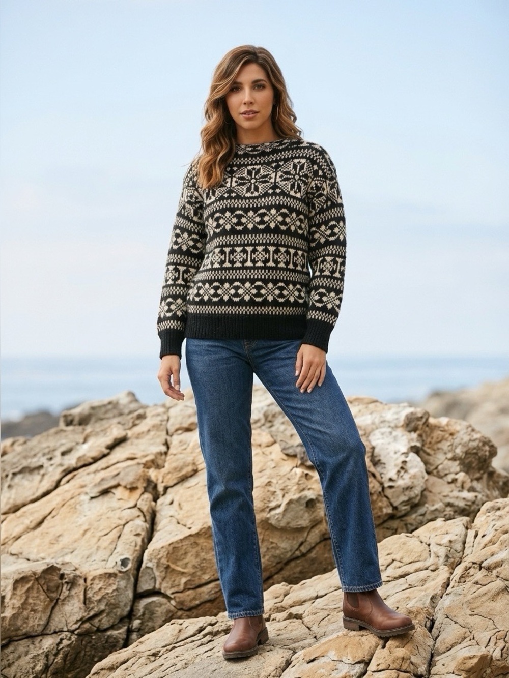Vintage Eddie Bauer Black and Cream Fair Isle Crewneck Sweater - M